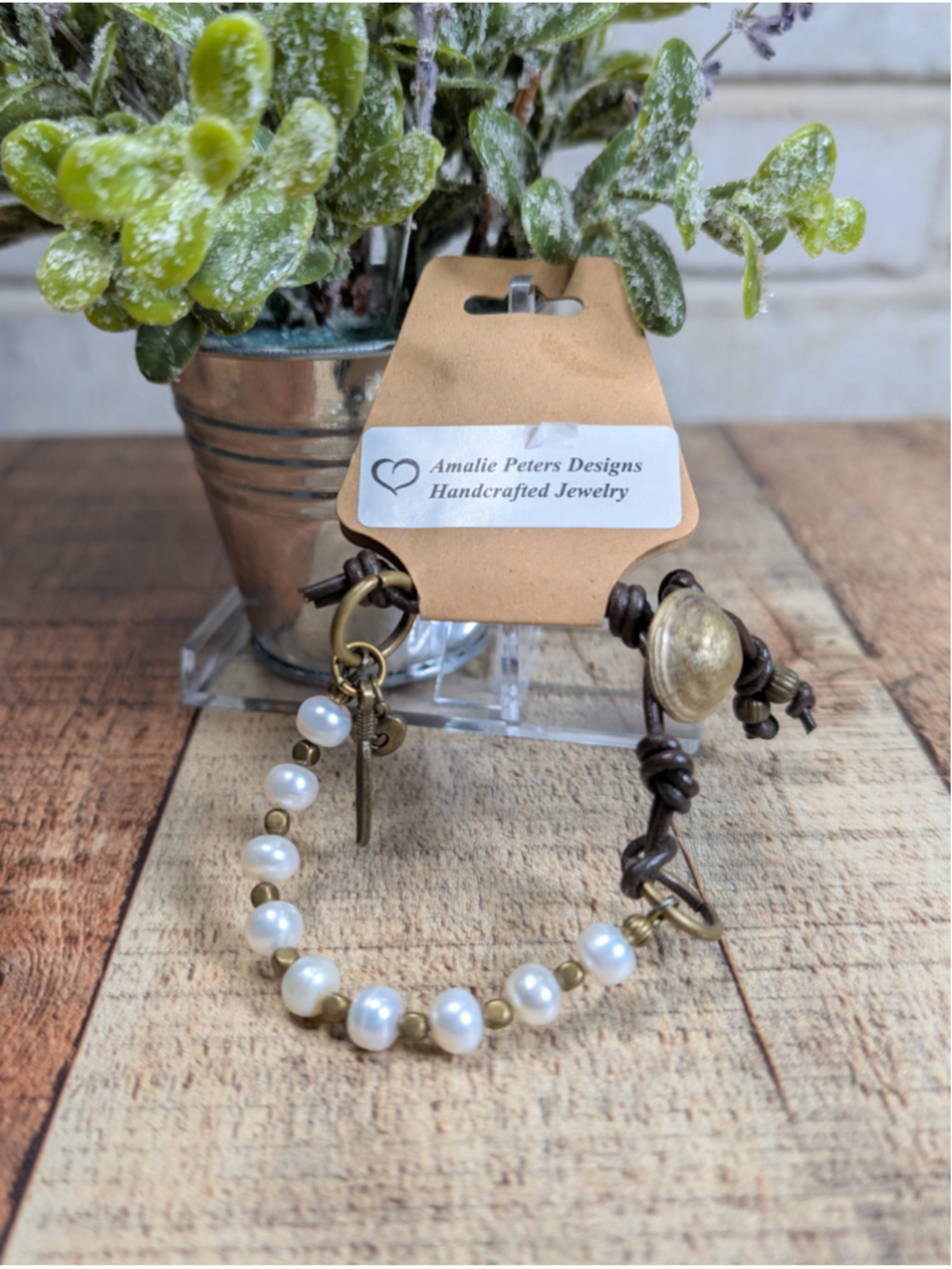 NEW Artisan Boho White Genuine Pearls Brown Knotted Leather Cord Button Bracelet